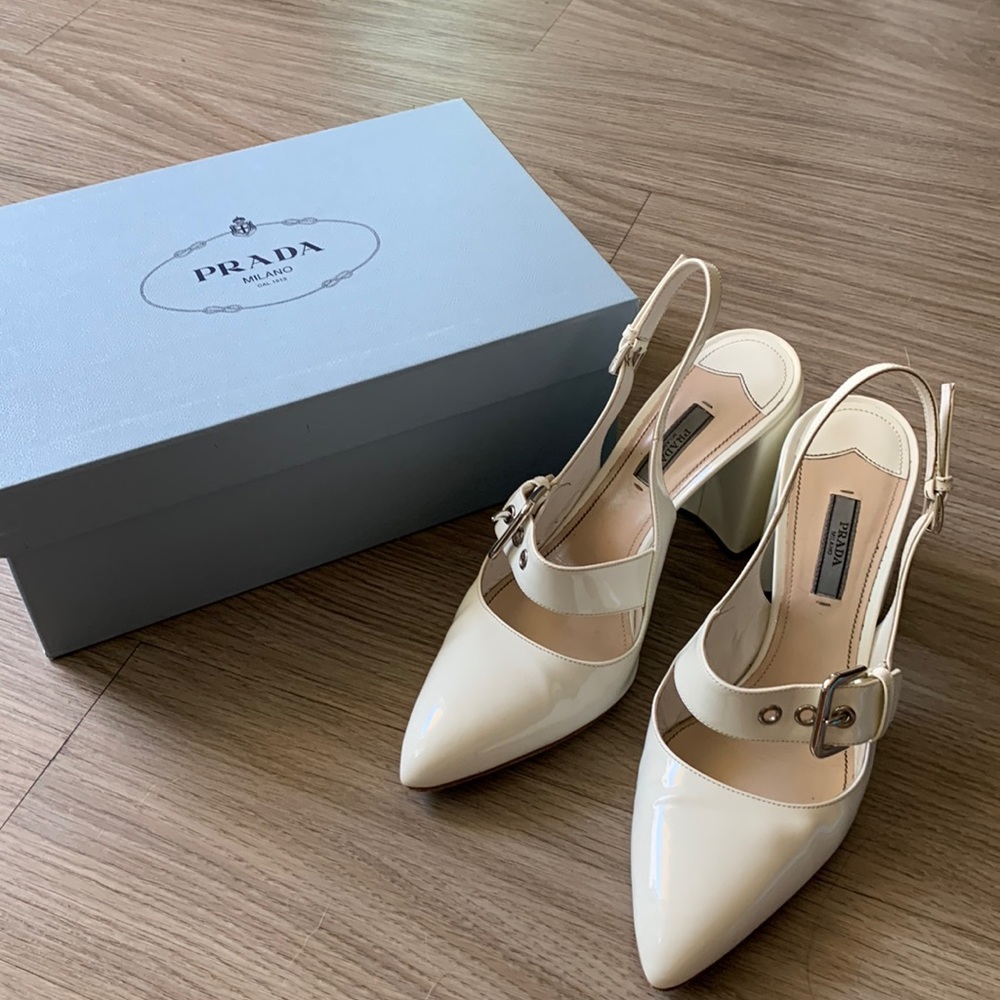 White Prada Pumps with chunky heel